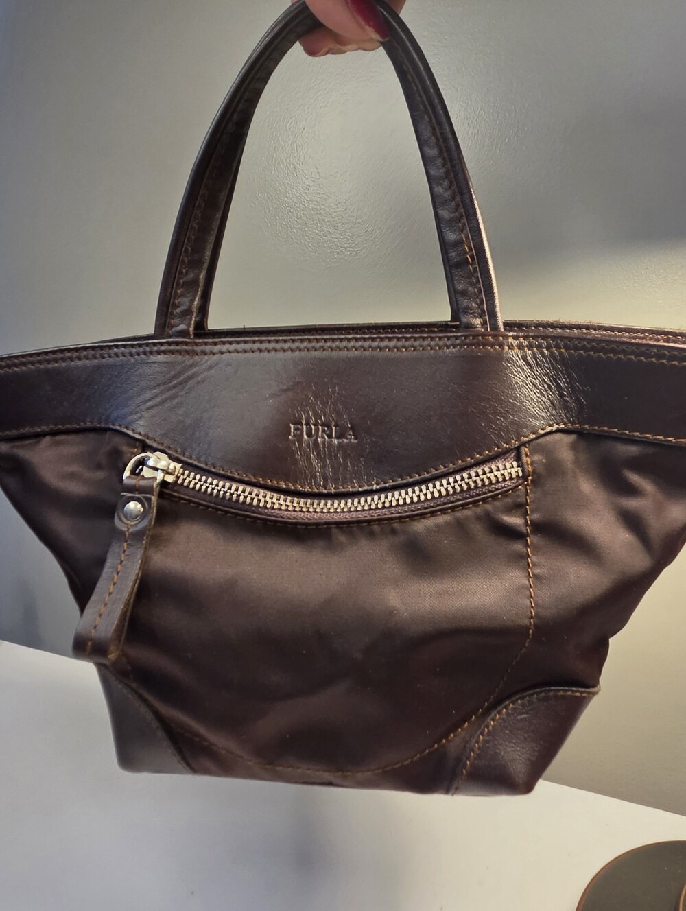FURLA brown Handbag Trapeze Genuine Leather Fabric Hand Bag Italy mini